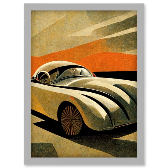 Art Deco Vintage Sports Car Sunset Illustration Artwork Framed Wall Art Print A4