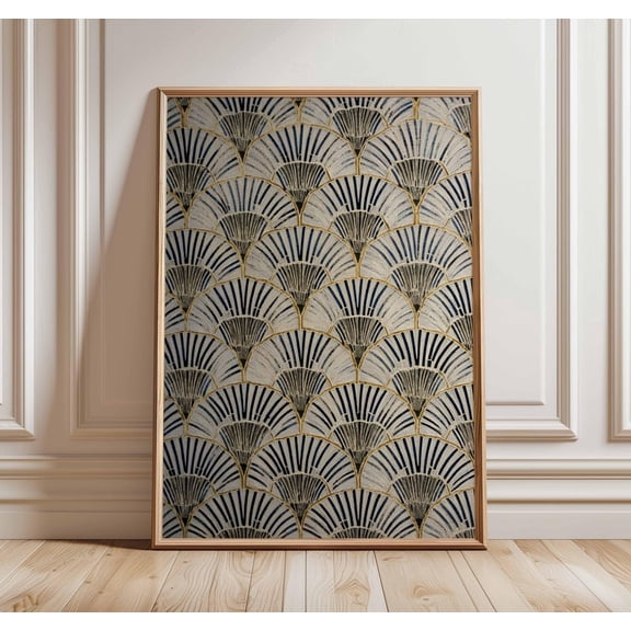 Art Deco Wall Art, Vintage Geometric Poster, Gold Navy Fan Pattern Print, 1920s Glam Retro Artwork, Elegant Decorative Decor, Poster Only