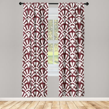 Art Deco Window Curtains, Lady's Hand Fan Inspired Motif Abstract Style of Vintage Pattern Artwork, Lightweight Decor 2-Panel Set with Rod Pocket, Pair of - 28"x63", Maroon and White, by Ambesonne