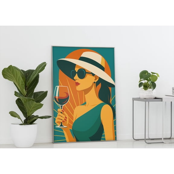 Art Deco Wine Lady Poster: Glam Cocktail Poster, Stretched Canvas Size 8x12