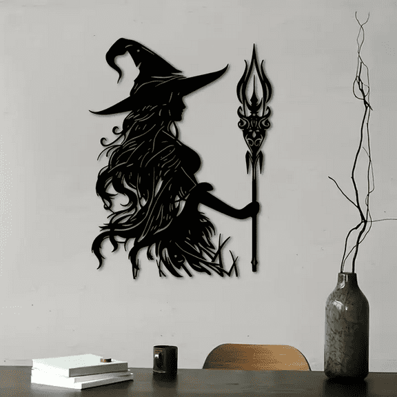 Art Deco Witch Metal Wall Sculpture, Gothic Farmhouse Indoor Outdoor Decor