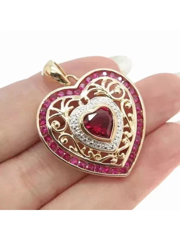 Art Deco Women's Pendant 2Ct Heart Lab Created Red Ruby 14K Yellow Gold Plated