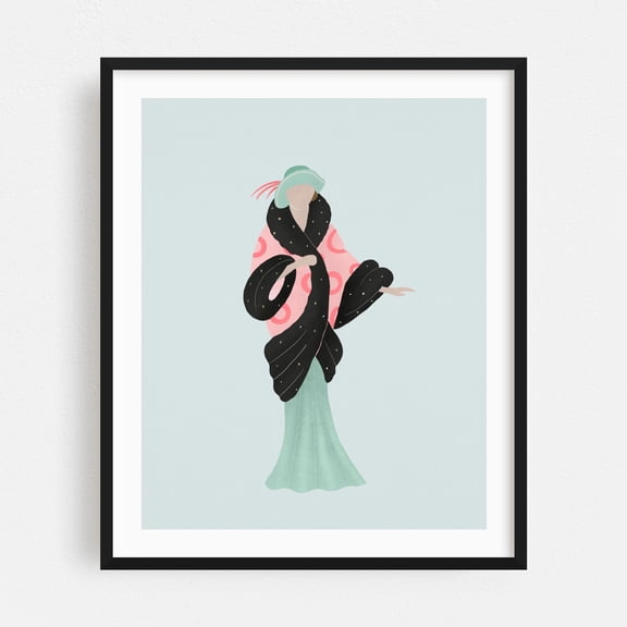 Art Deco lady in a fur coat - Illustration Art Deco Fashion Vintage Minimalist Geometric Pattern Modern Art Black Framed Wall Art Print 8 x 10 inches