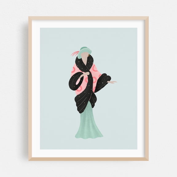 Art Deco lady in a fur coat - Illustration Art Deco Fashion Vintage Minimalist Geometric Pattern Modern Art Oak Framed Wall Art Print 9 x 12 inches
