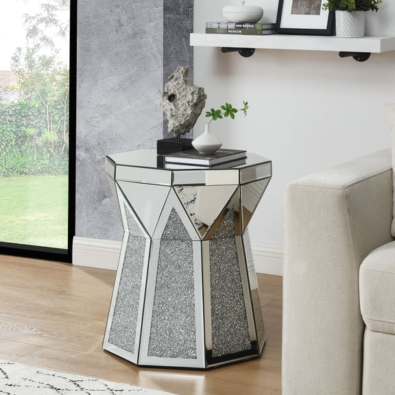 Art Deco silver mirror accent table / By the sofa / Makes light bounce brightly