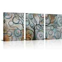 Art Decor Canvas Wall Art Prints Abstract Geometry Circles Tree of Life Blue Grey Brown Painting Picture Modern Artwork Framed Ready to Hang for Bedroom Living Room Home Office Decoration