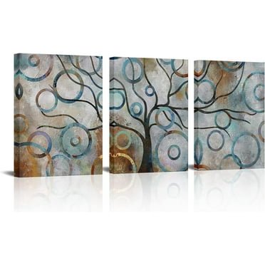 Art Decor Canvas Wall Art Prints Abstract Geometry Circles Tree of Life Blue Grey Brown Painting Picture Modern Artwork Framed Ready to Hang for Bedroom Living Room Home Office Decoration
