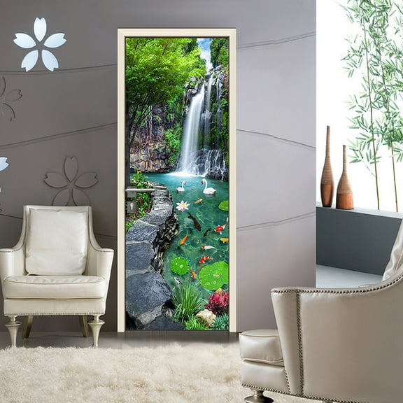 Art Decor Home Creative DIY 3D Door Stickers Lotus Natural Scenery Tree Mountain Waterfall,SP-F247,M(44x200cmx2Pcs)
