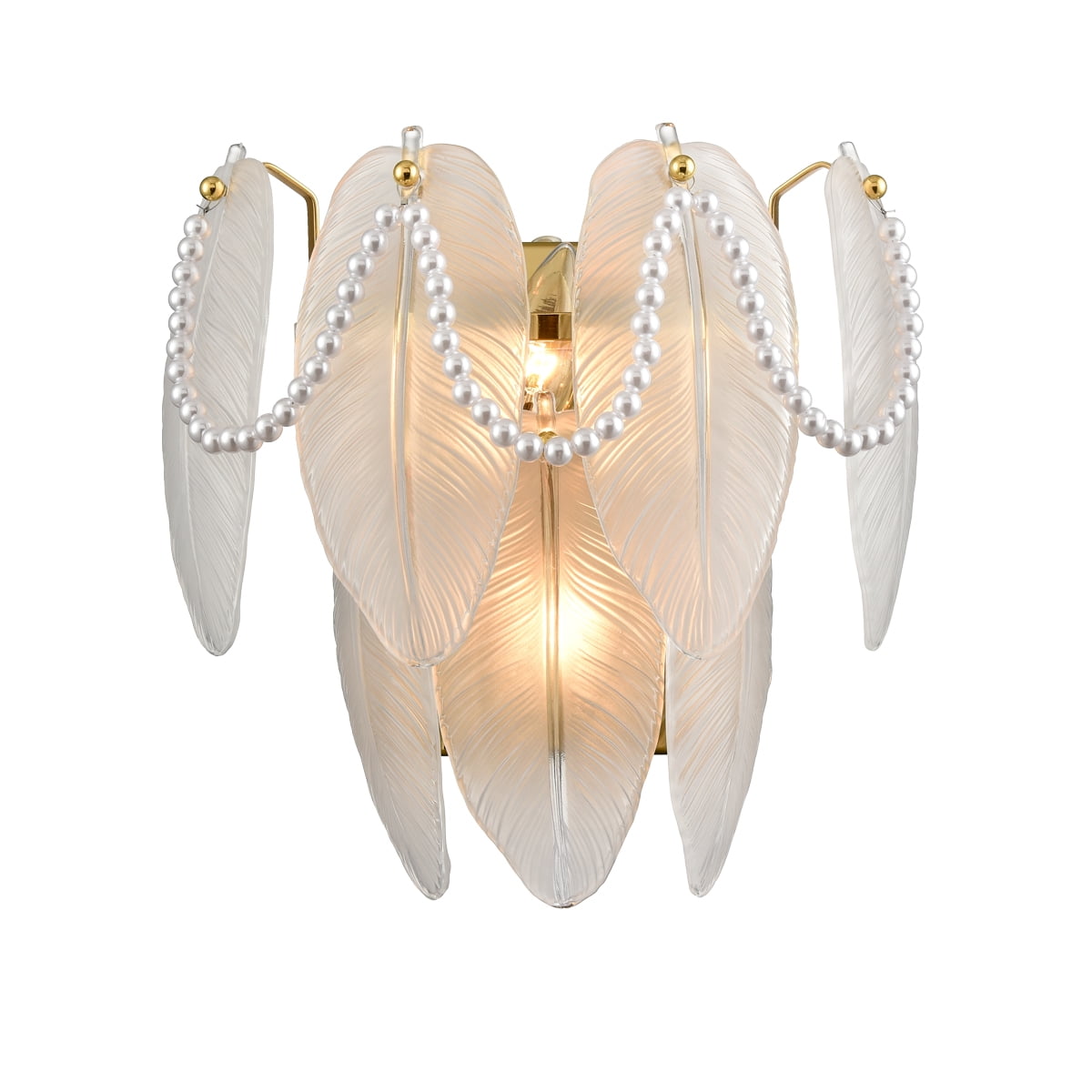 Brushed Brass Wall Sconce with Frosted Glass Leaves and Bead Accent
