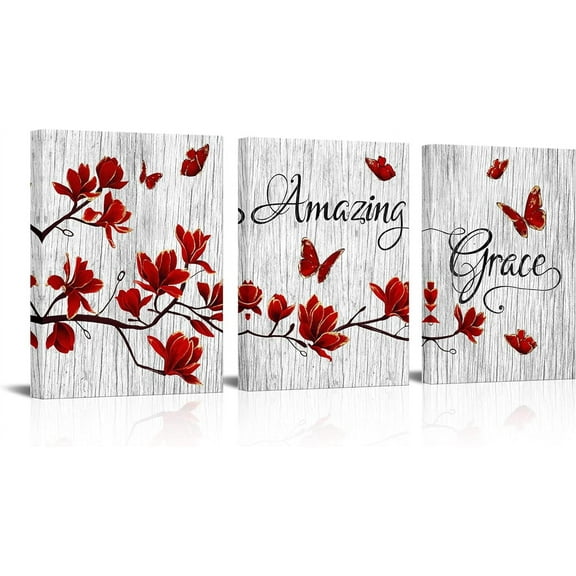 High quality modernArt Decor Red Wall Decor Abstract Flowers and Butterfly Painting Red Room Decor Amazing Grace Prints for Bathroom Bedroom Home Office Wall Decoration,Artwork (Red) canvas