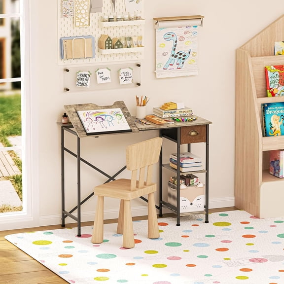 Art Desk for Kids, 45 ° Tiltable Drafting Table with Storage Drawer & Shelves, 25.98" H Student Writing Reading Table for Bedroom & Study Room, Small Desk for Children