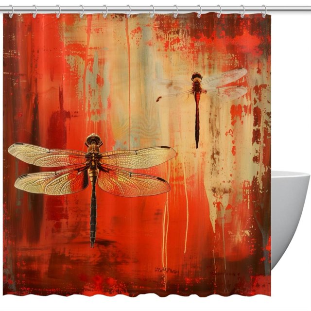 Art Dragonflies on Red Background Shower Curtain for Bathroom, 72x72