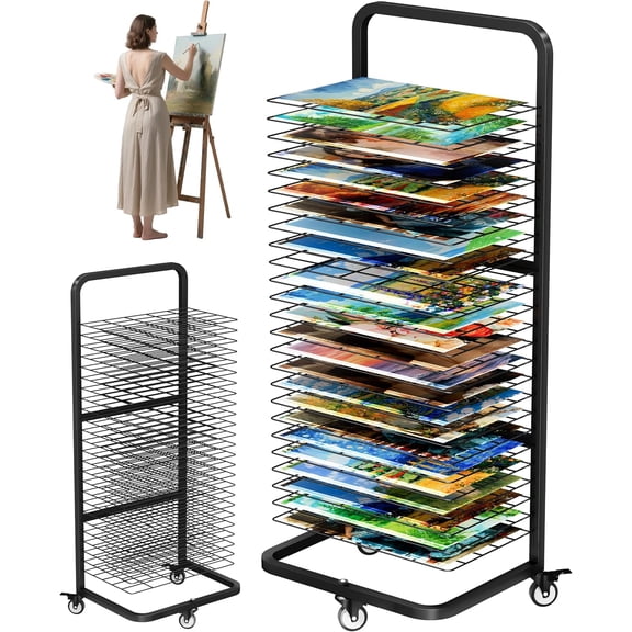 Art Drying Rack with 25 Removable Shelves, Mobile Metal Paint Drying Stand with Lockable Wheels, Functional Canvas Rack Art Storage for Artwork in Classrooms, Art Studios and Schools, Black