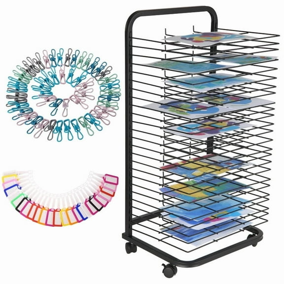 Art Drying Rack with 25 Removable Shelves, Mobile Metal Drying Rack with Lockable Wheels for Artwork Storage (13.5" D × 17.5" W × 41.5" H, Black)