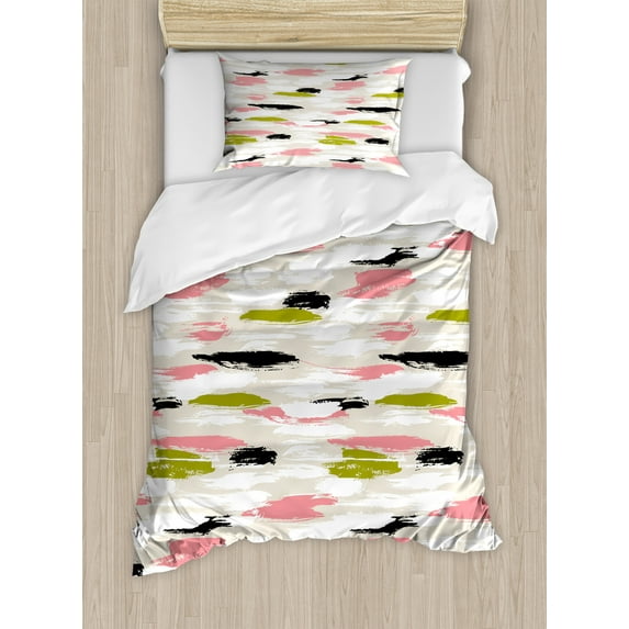 Art Duvet Cover Set, Bold Pattern with Thick Brushstrokes and Stripes Hand Painted Boho Print, Decorative 2 Piece Bedding Set with 1 Pillow Shams, Twin Size, Coral Black Olive Green, by Ambesonne