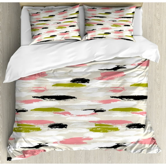 Art Duvet Cover Set, Bold Pattern with Thick Brushstrokes and Stripes Hand Painted Boho Print, Decorative 3 Piece Bedding Set with 2 Pillow Shams, King Size, Coral Black Olive Green, by Ambesonne