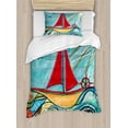 thumbnail image 1 of Art Duvet Cover Set, Boy Paintings Ship in the Waves of Ocean Sun Girls Picture, Decorative 2 Piece Bedding Set with 1 Pillow Shams, Twin Size, Earth Yellow Teal Red, by Ambesonne, 1 of 3