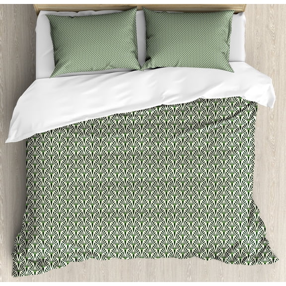 Art Duvet Cover Set, Art Deco Inspired Abstract Botanical Ornaments Repetitive Print, Decorative 3 Piece Bedding Set with 2 Pillow Shams, King Size, Fern Green Hunter Green, by Ambesonne