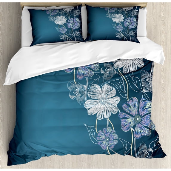 Art Duvet Cover Set, Hand Drawn Cherry Blossoms Fantasy Bridal Garden Anniversary Theme, Decorative 3 Piece Bedding Set with 2 Pillow Shams, King Size, Petrol Blue Lavender, by Ambesonne