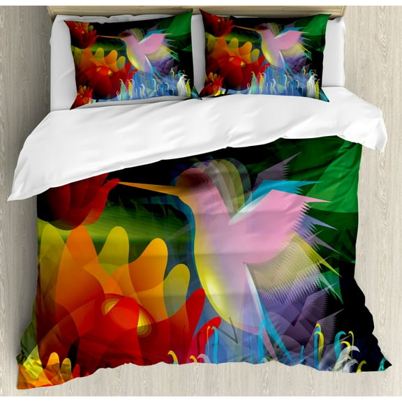 Art Duvet Cover Set Queen Size, Fantasy Digital Paint with A Bird Swallows Honey from Flower Stock Fractal Artwork, Decorative 3 Piece Bedding Set with 2 Pillow Shams, Multicolor, by Ambesonne