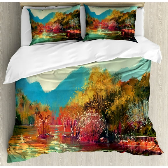 Art Duvet Cover Set Queen Size, Surreal Autumn Forest with Faded Trees by the Lake before Mountains Fall Season Image, Decorative 3 Piece Bedding Set with 2 Pillow Shams, Multicolor, by Ambesonne