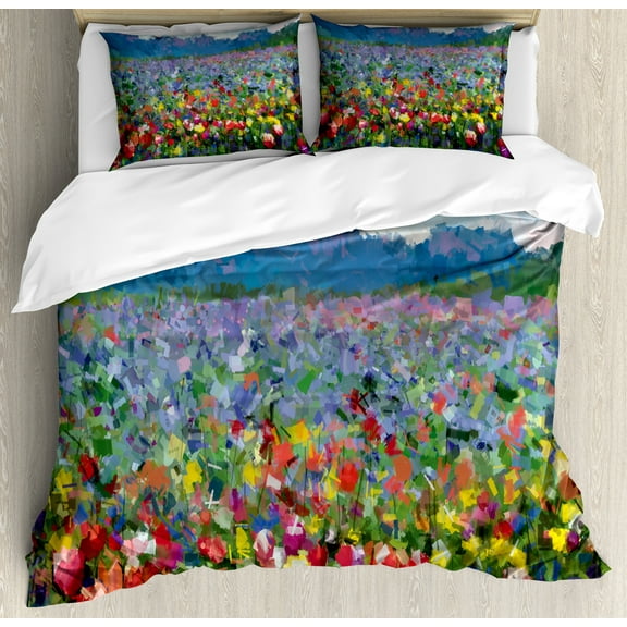 Art Duvet Cover Set, Rural Landscape with Bunch of Tulip Flower Spring Meadow Refreshing Botany Blurry Image, Decorative 3 Piece Bedding Set with 2 Pillow Shams, Calking Size, Multicolor, by Ambesonne