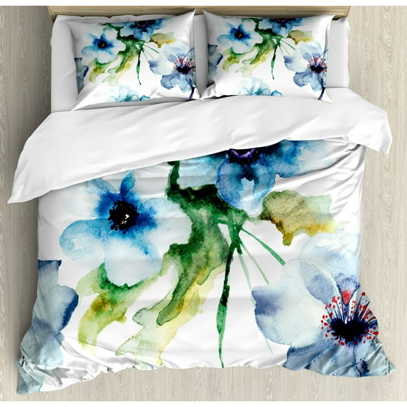 Art Duvet Cover Set, Summer Flowers Essence Growth Fragrance Petals Watercolor Bouquet, Decorative 3 Piece Bedding Set with 2 Pillow Shams, King Size, Blue Forest Green, by Ambesonne