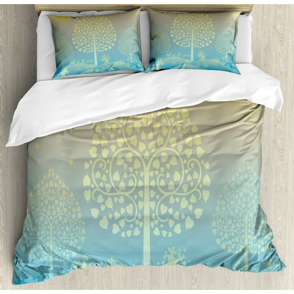 Art Duvet Cover Set, Thai Pattern Design Illustration of Trees Oriental Culture Eastern Style, Decorative 3 Piece Bedding Set with 2 Pillow Shams, King Size, Pale Blue Yellow, by Ambesonne