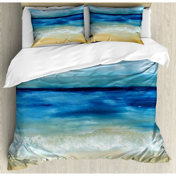 Art Duvet Cover Set, Tropical Sandy Beach Pure Waves Tranquil Ocean Under Clouds Summer Scenery, Decorative 3 Piece Bedding Set with 2 Pillow Shams, Calking Size, Navy Blue Pale Brown, by Ambesonne