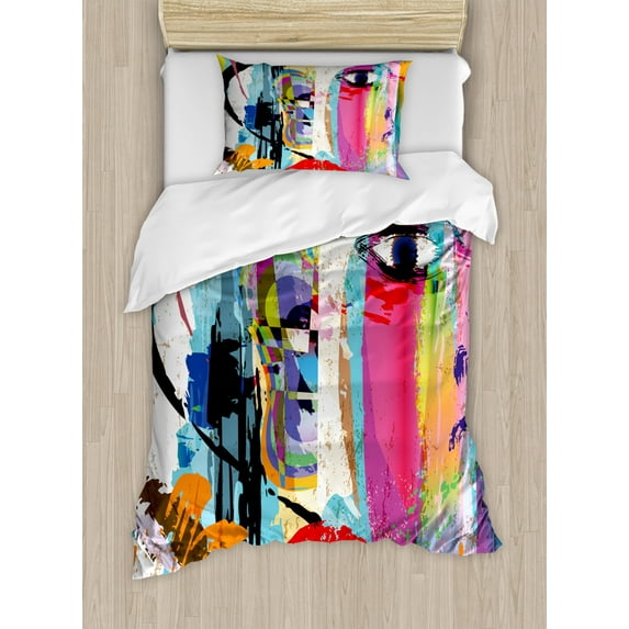 Art Duvet Cover Set Twin Size, Contemporary Paint Strokes Splashes Face Mask Paint Kiss Graffiti Grunge Creative Theme, Decorative 2 Piece Bedding Set with 1 Pillow Sham, Multicolor, by Ambesonne
