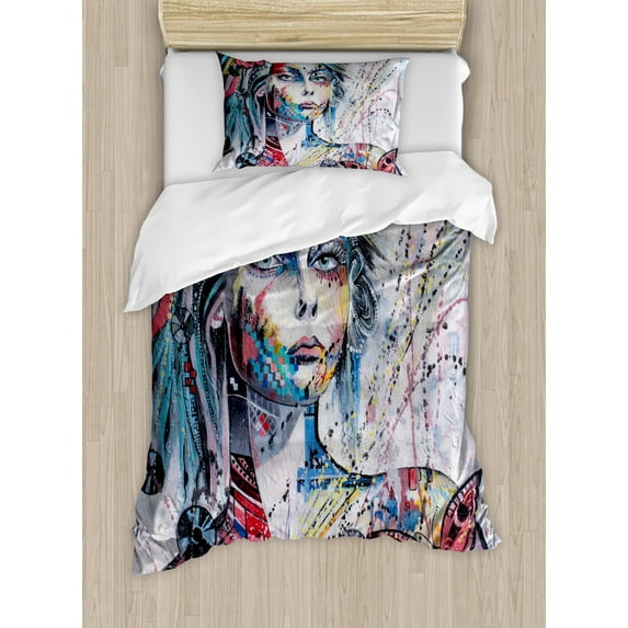 Art Duvet Cover Set Twin Size, Fantasy Portrait of a Girl with Floral and Geometric Details Butterflies Color Splashes, Decorative 2 Piece Bedding Set with 1 Pillow Sham, Multicolor, by Ambesonne