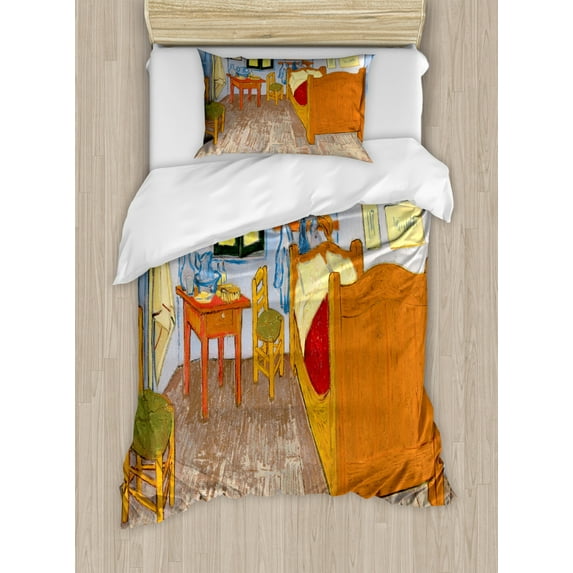 Art Duvet Cover Set Twin Size, Painting Style Room Interior with Bed Hanged Pictures Table and Chairs Near the Window, Decorative 2 Piece Bedding Set with 1 Pillow Sham, Multicolor, by Ambesonne