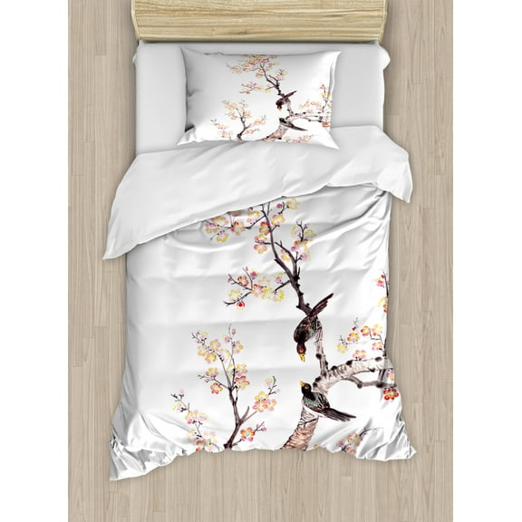 Art Duvet Cover Set Twin Size, Traditional Chinese Paint of Flowers Plum Blossom Birds on Tree Romance Print, Decorative 2 Piece Bedding Set with 1 Pillow Sham, Pale Yellow Brown, by Ambesonne