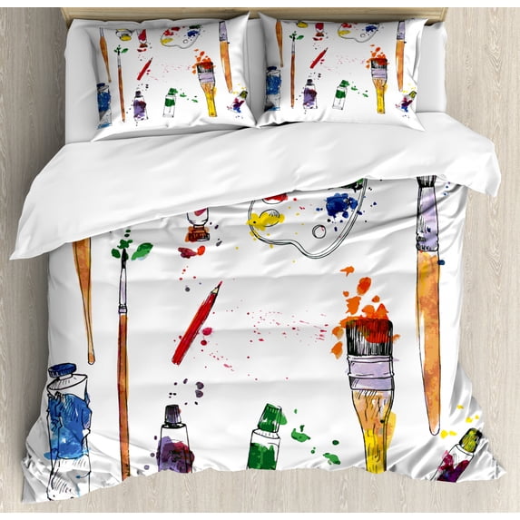 Art Duvet Cover Set, Watercolor Paint Splashes Materials Palette Paint Tubes Brushes with Paint Stains Print, Decorative 2 Piece Bedding Set with 1 Pillow Sham, Twin Size, White Red, by Ambesonne