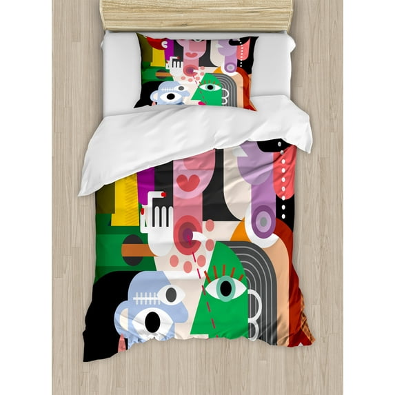 Art Duvet Cover Set, Women with Emotions Modern Abstract Colorful Paintings Style Fun Shapes Design Print, Decorative 2 Piece Bedding Set with 1 Pillow Shams, Twin Size, Multicolor, by Ambesonne