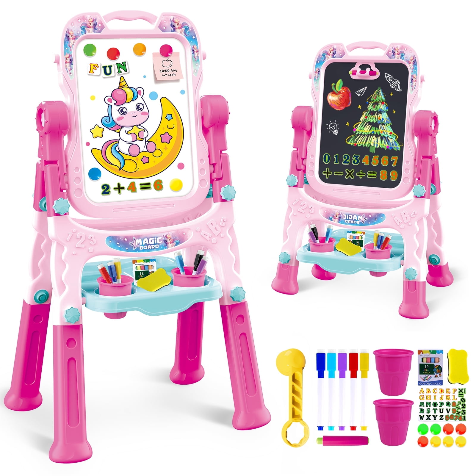 Art Easel for Kids - Adjustable Double-Sided Rotatable Magnetic White Board with Painting Accessories, Preschool Learning Toy for Girls 3-5 Years Old,Ideal Christmas Birthday Gift （Pink）
