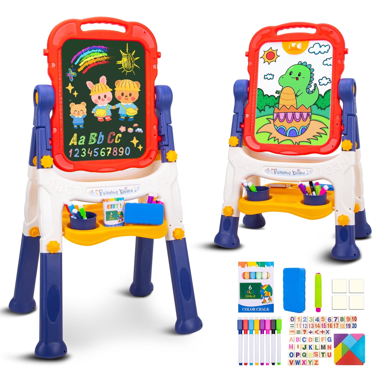 XUEYU Easel for Kids, Adjustable Standing Art Easel for Toddler, Double Magnetic White Board & Chalkboard Drawing Board with Painting Accessories for Toddlers Boys and Girls