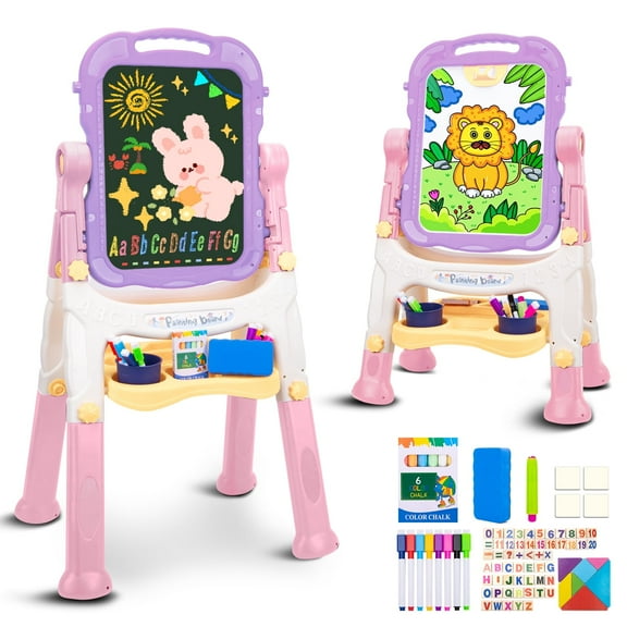 Xueyu Easel for Kids, 26.8"-34.6" Adjustable Plastic Standing Art Easel with Chalkboard, Chalk, Markers, Eraser, Clips