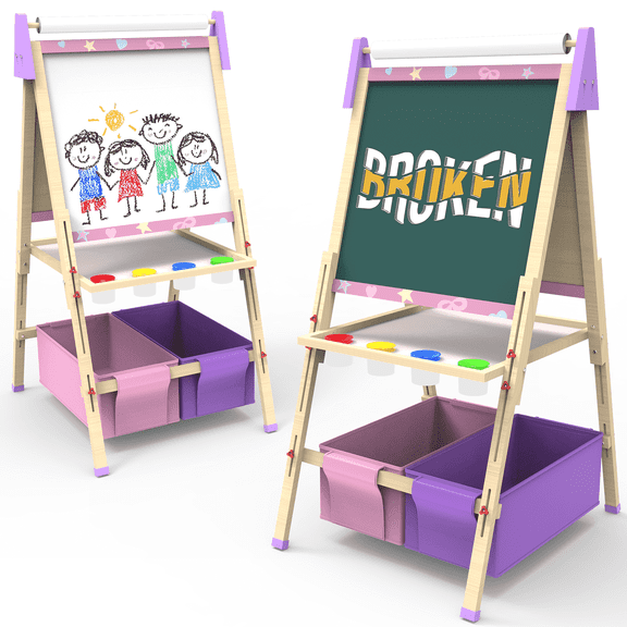 Art Easel for Kids, Double Sided Standing Wooden Easel, Adjustable Easel for Toddlers, for Aged 2-12 Whiteboard & Chalkboard, Dry-Erase Board, Paper Roll