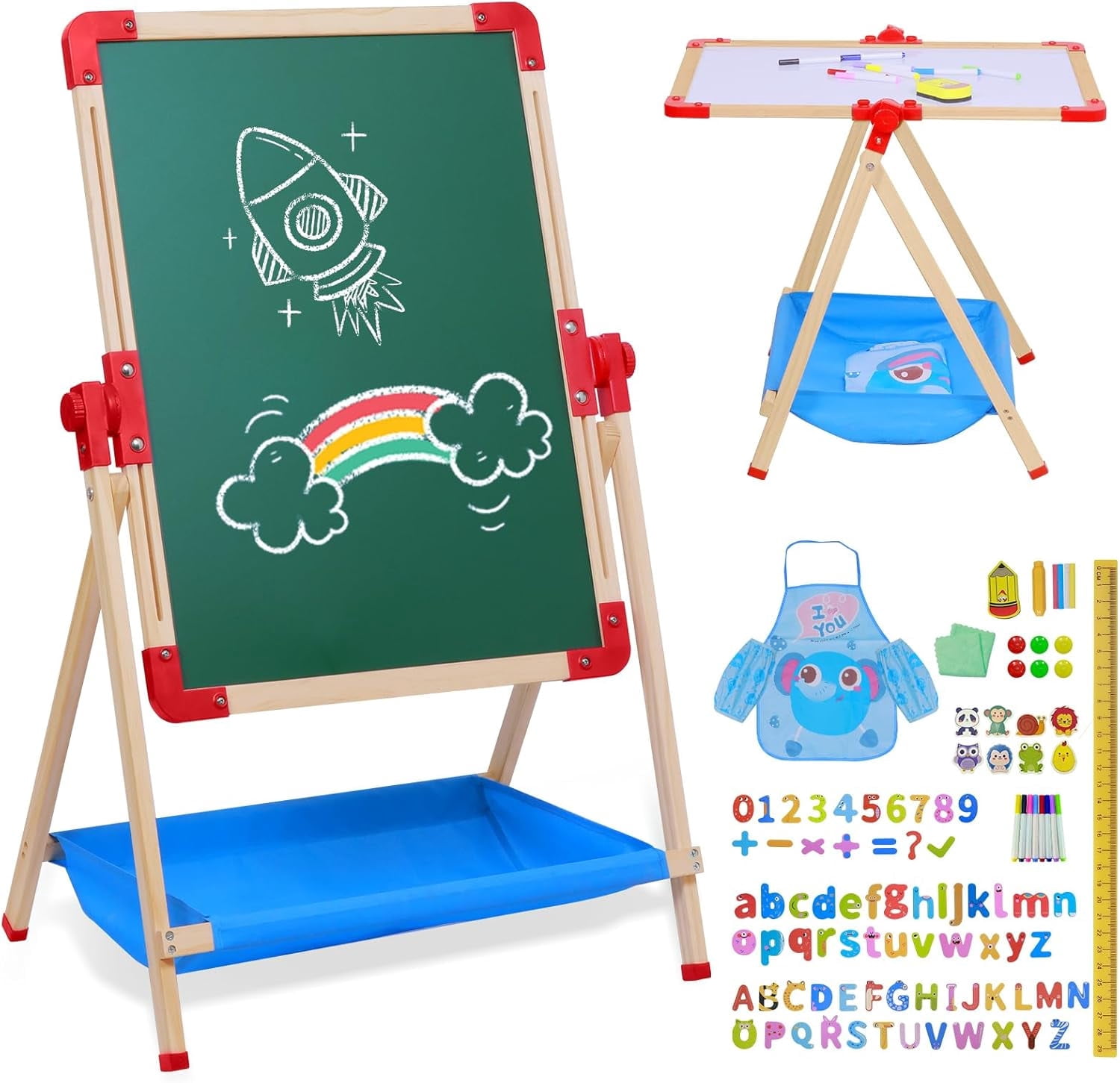 Art Easel for Kids Magnetic Wooden 18.9"x25.2" Double Sided Standing Toddlers Chalkboard - 360°Rotating Easel for Toddler Christmas Birthday Gift for 2-6 Years