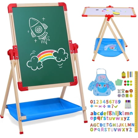 Art Easel for Kids Magnetic Wooden 18.9"x25.2" Double Sided Standing Toddlers Chalkboard - 360°Rotating Easel for Toddler Christmas Birthday Gift for 2-6 Years