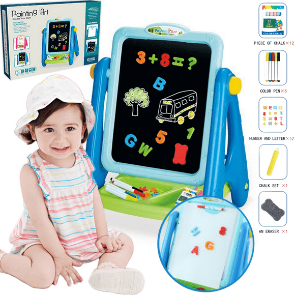 WYAJU Art Easel for Kids, Standing Rotatable Double Sided Easel for Toddler Double Sided Kids Art Easel with Chalkboard & Magnetic Whiteboard, Toddler Standing Easel Gift for Girls Boys