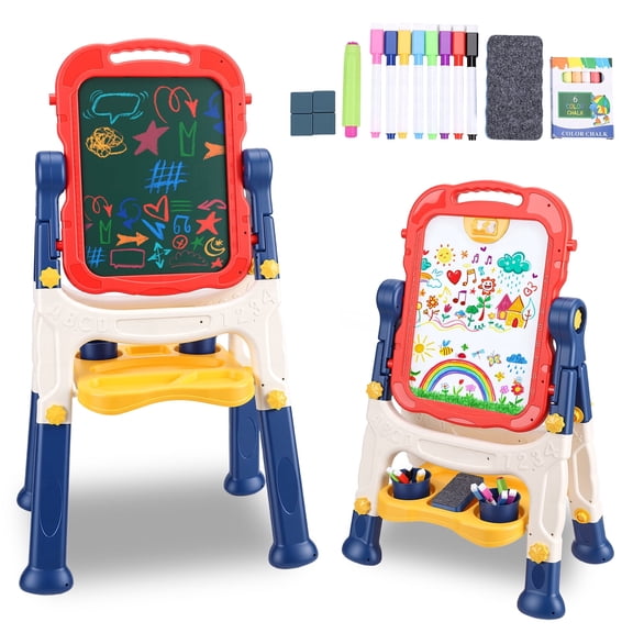 Art Easel for Kids, Adjustable Standing Rotatable Double Sided Easel with Painting Accessories for Toddlers Boys and Girls,Red