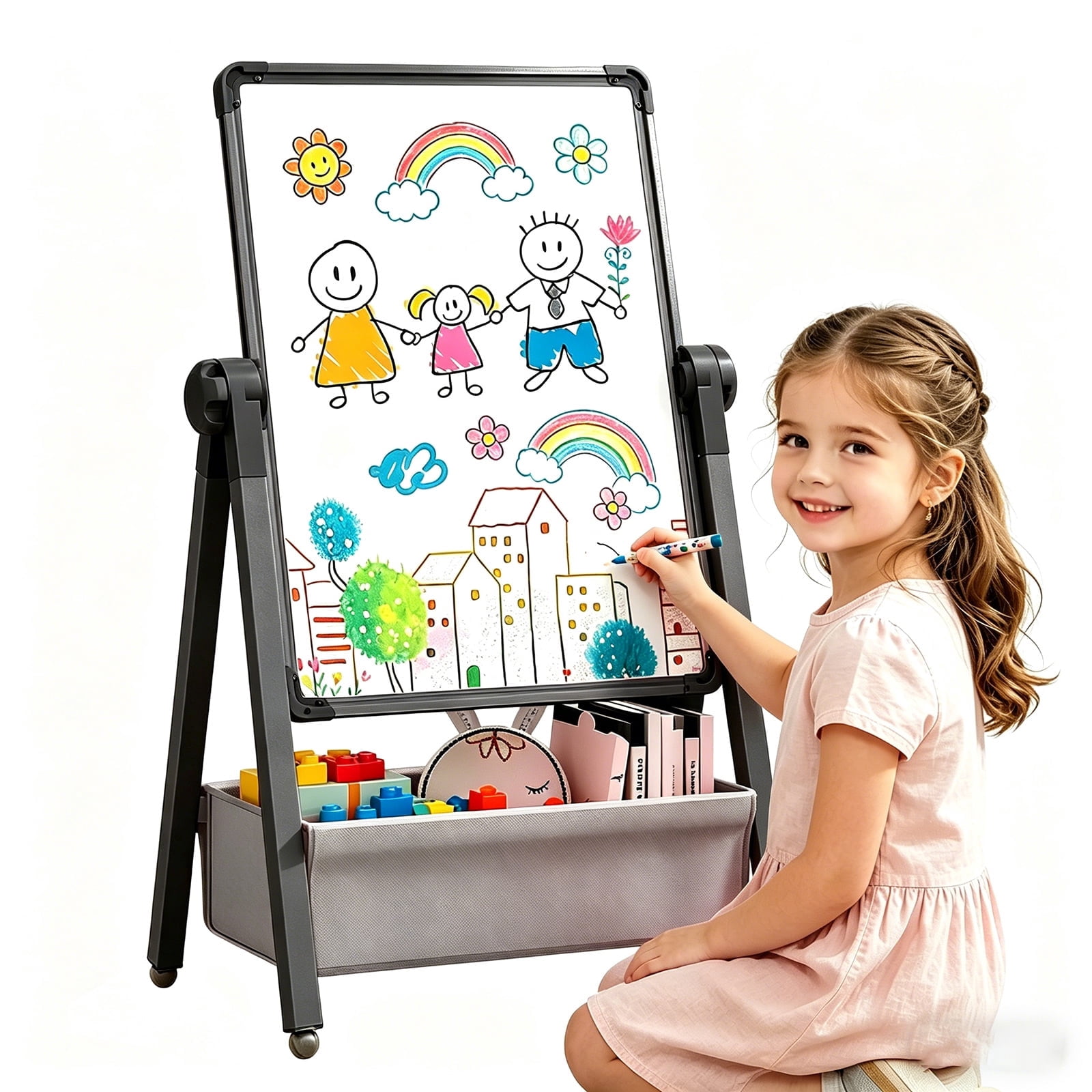 Art Easel for Kids, Double Sided Magnetic Kids Easel, Adjustable 360°Rotating Whiteboard & Chalkboard for Boys and Girls, Black