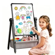 Art Easel for Kids, Double Sided Magnetic Kids Easel, Adjustable 360&deg;Rotating Whiteboard & Chalkboard for Boys and Girls, Black