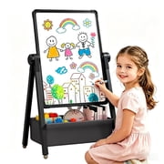 Art Easel for Kids, Double Sided Magnetic Kids Easel, Adjustable 360&deg;Rotating Whiteboard & Chalkboard for Boys and Girls, Black