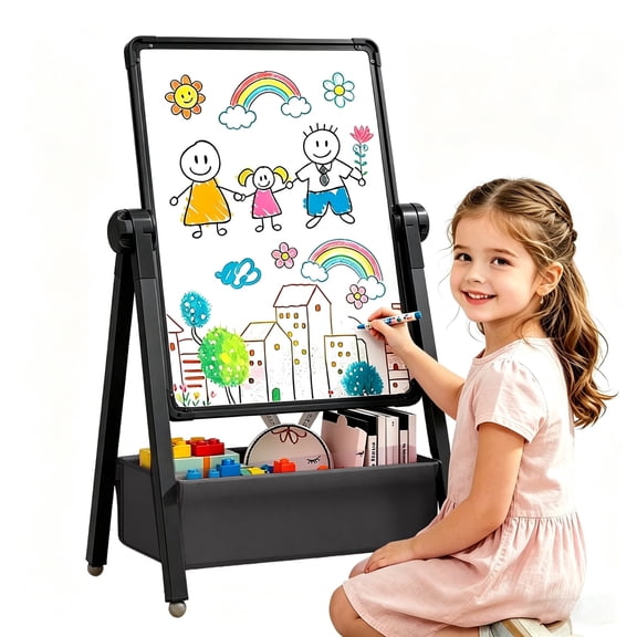 Art Easel for Kids, Double Sided Magnetic Kids Easel, Adjustable 360°Rotating Whiteboard & Chalkboard for Boys and Girls, Black