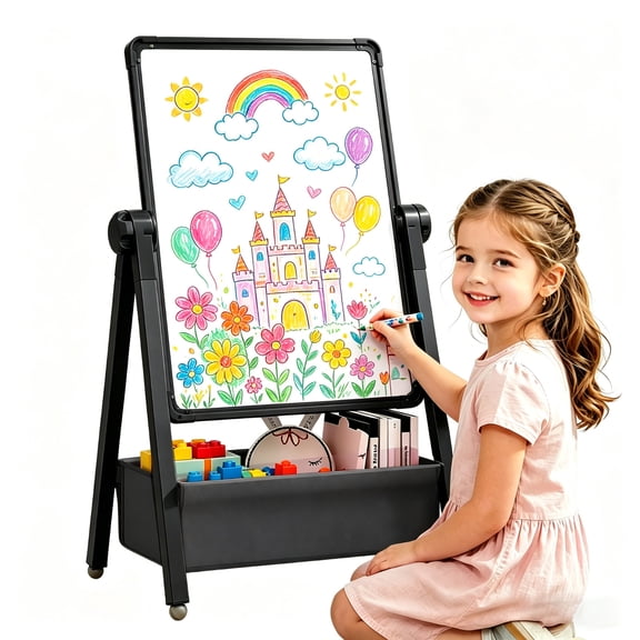 Art Easel for Kids, Double-Sided Magnetic Drawing Board, Toddler Toy Gift for Boys and Girls 3-5 Years Old, Black
