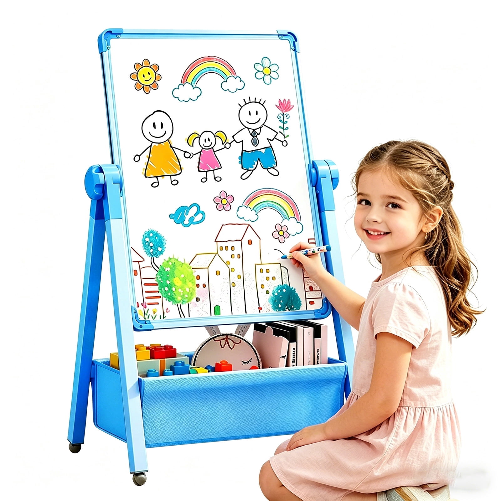 Art Easel for Kids, Double Sided Magnetic Kids Easel, Adjustable 360°Rotating Whiteboard & Chalkboard for Boys and Girls, Blue
