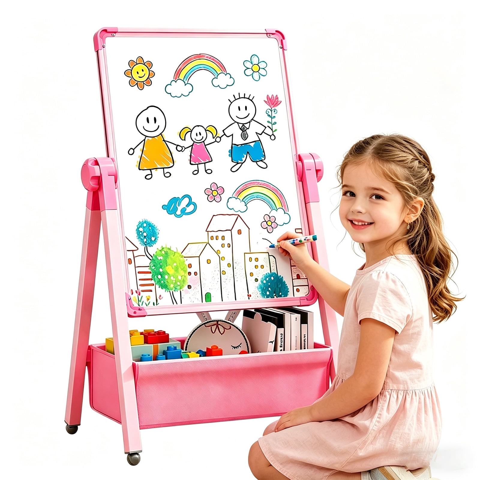 Art Easel for Kids, Double Sided Magnetic Kids Easel, Adjustable 360°Rotating Whiteboard & Chalkboard for Boys and Girls, Pink